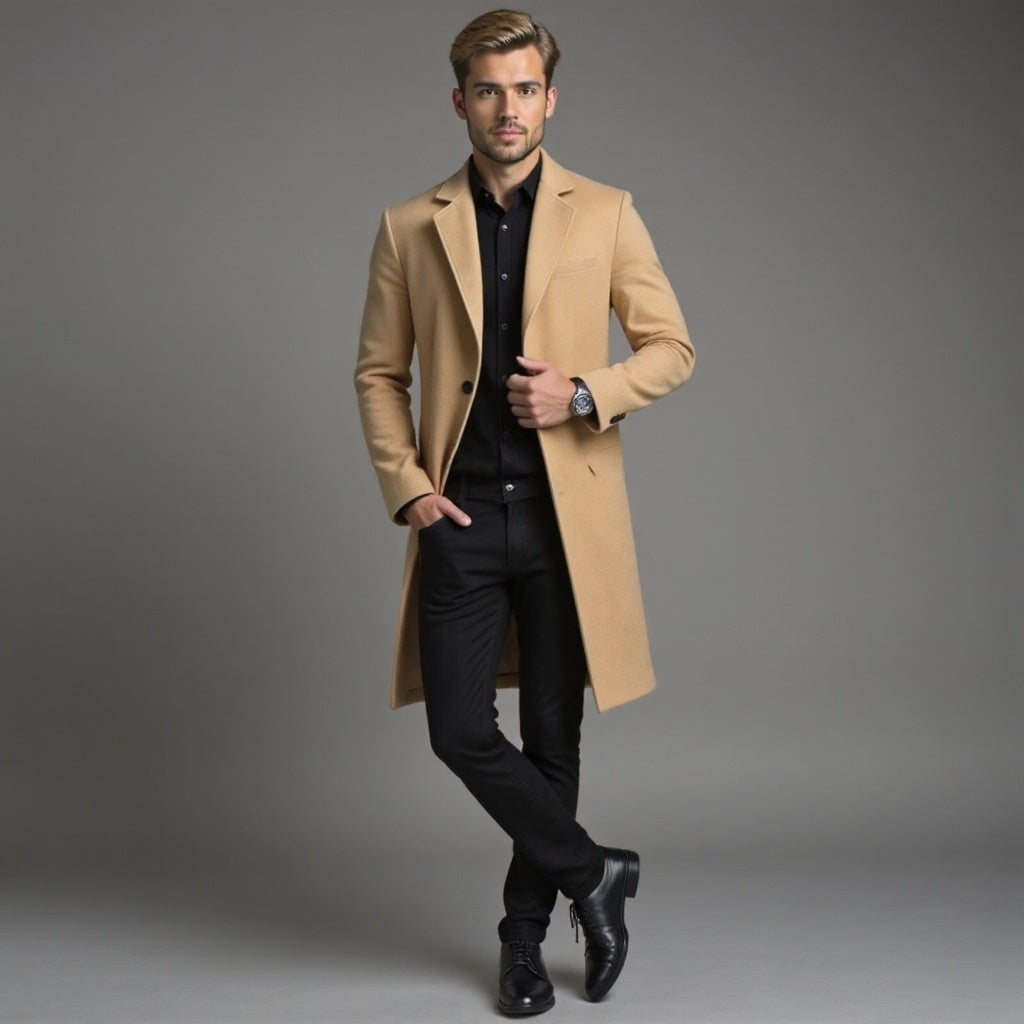 Płaszcz Slim Fit męski jednorzędowy do kolan