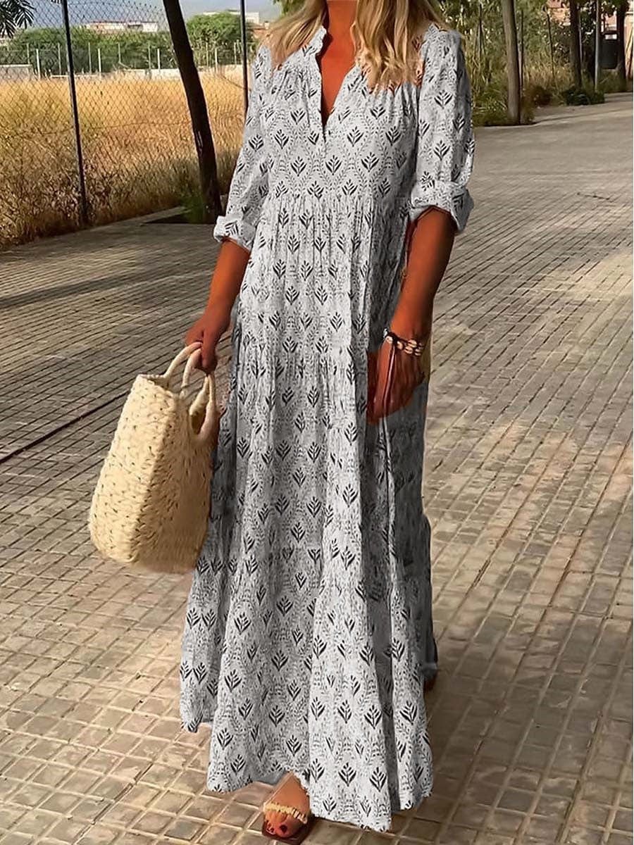 Damska Sukienka Maxi Boho Z Rękawem Trzy Czwarte I Wzorem Print