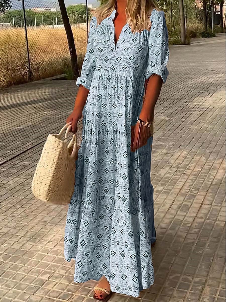 Damska Sukienka Maxi Boho Z Rękawem Trzy Czwarte I Wzorem Print