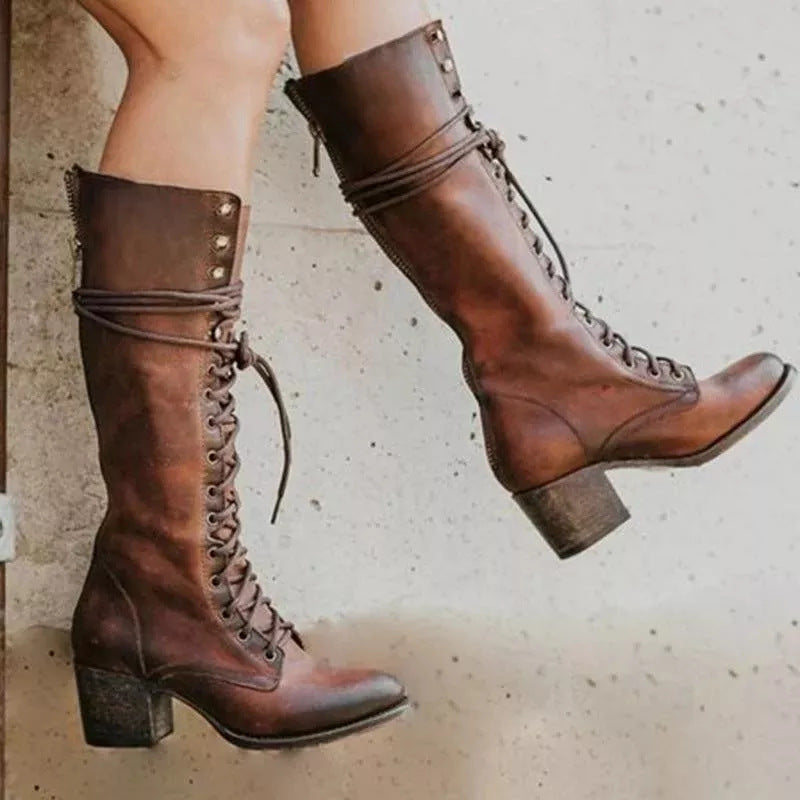 Buty Zimowe Damskie Kozak Kolana Sznurowane | Gruby Obcas Zamek Boczny