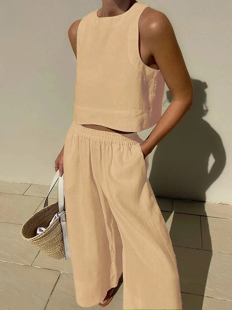 Komplet damski lniane top i szerokie spodnie