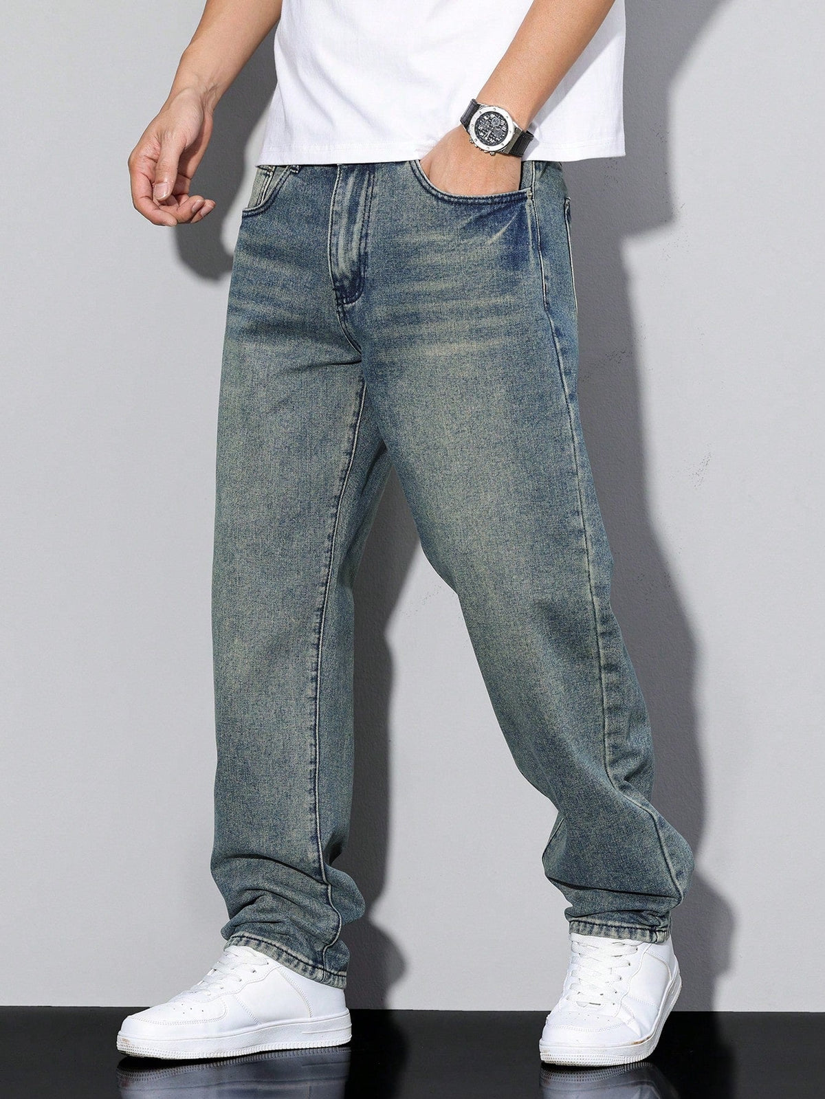 Denimu dżinsy męskie sprane prosta nogawka