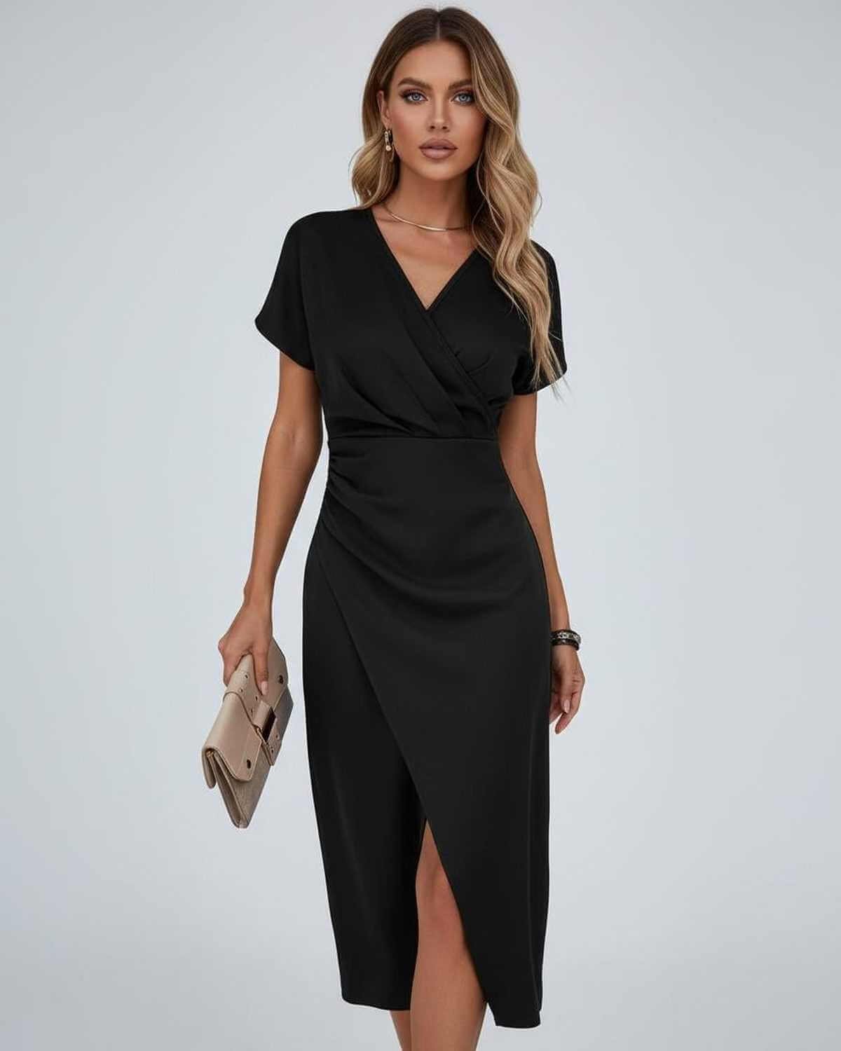 Elegancka sukienka midi kopertowa damska z rozcięciem - Cora Back