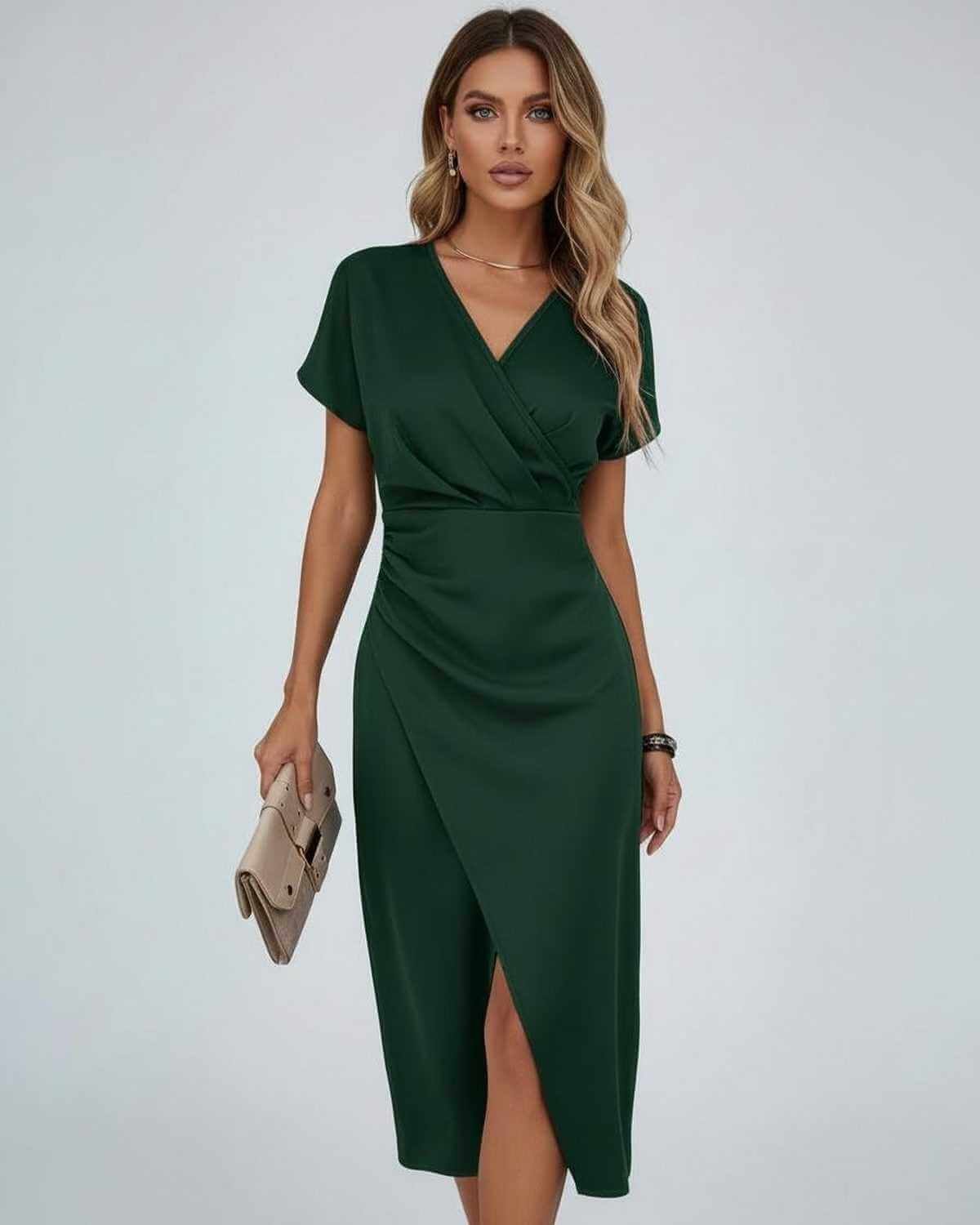 Elegancka sukienka midi kopertowa damska z rozcięciem - Cora Front