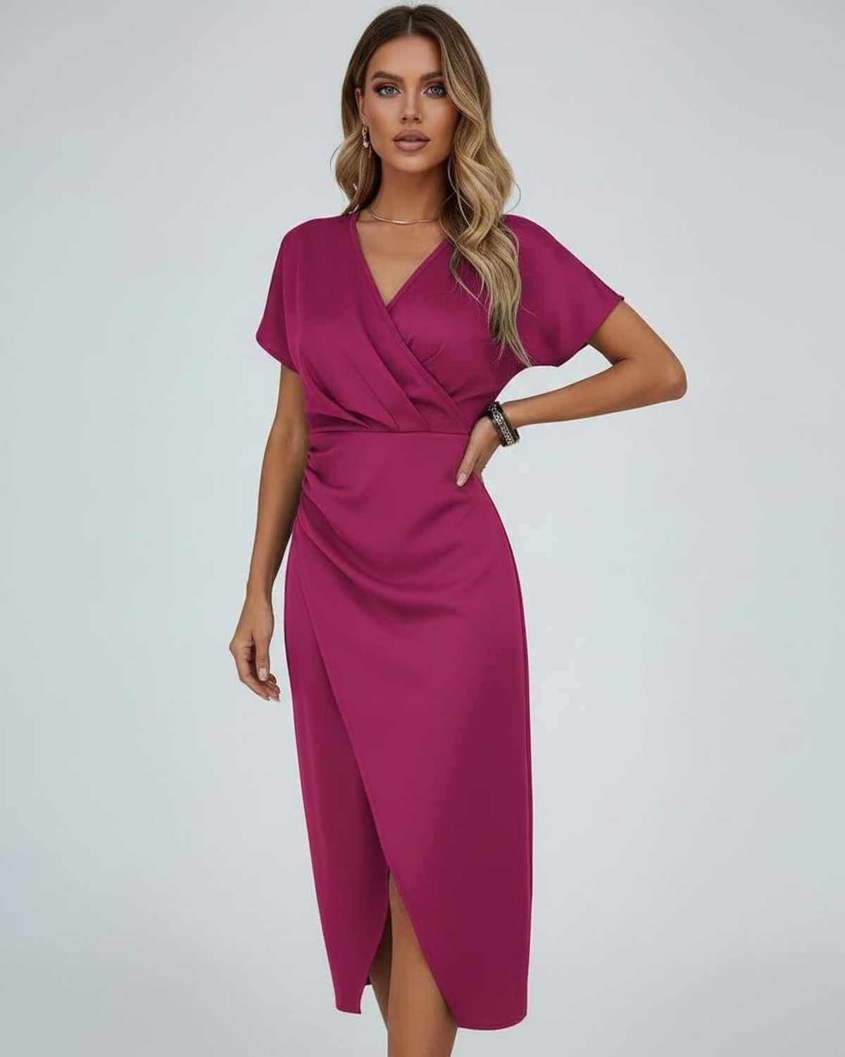 Elegancka sukienka midi kopertowa damska z rozcięciem - Cora Hero