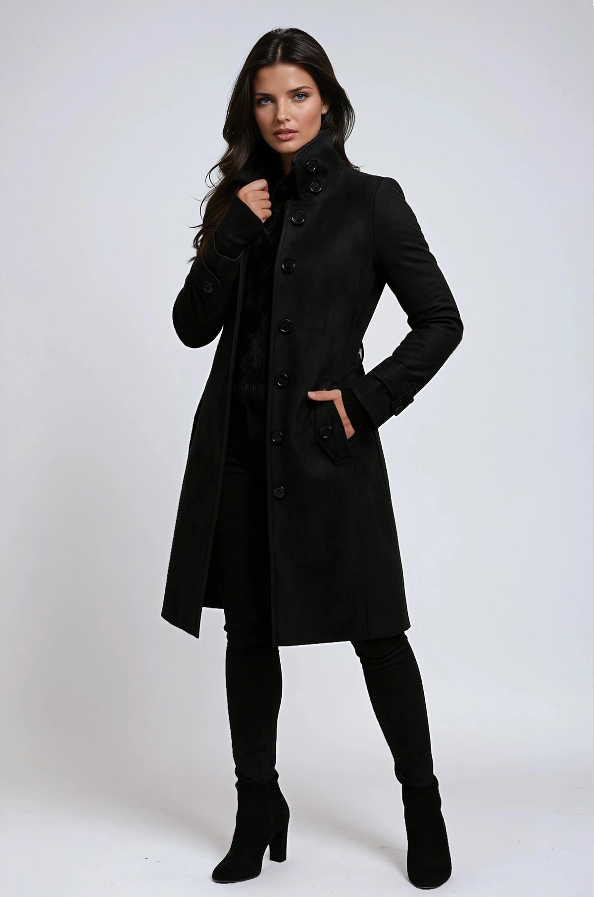 Elegancki zimowy trenchcoat damski z wysokim kołnierzem - Alina Hero