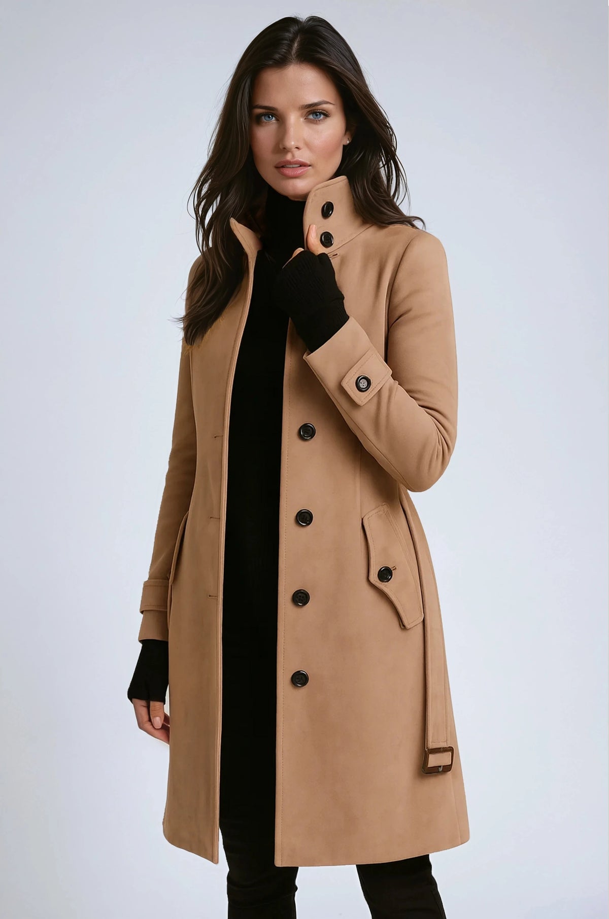 Elegancki zimowy trenchcoat damski z wysokim kołnierzem - Alina Side