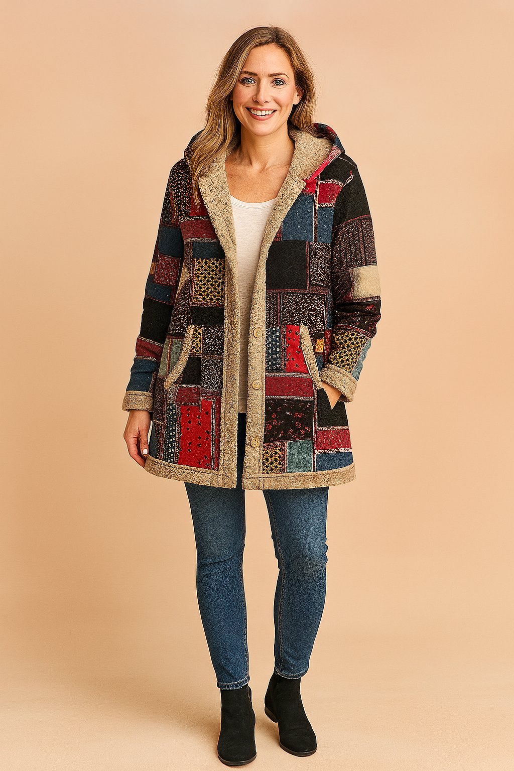 Stylowa długa kurtka damska patchwork z kapturem - Freya Side