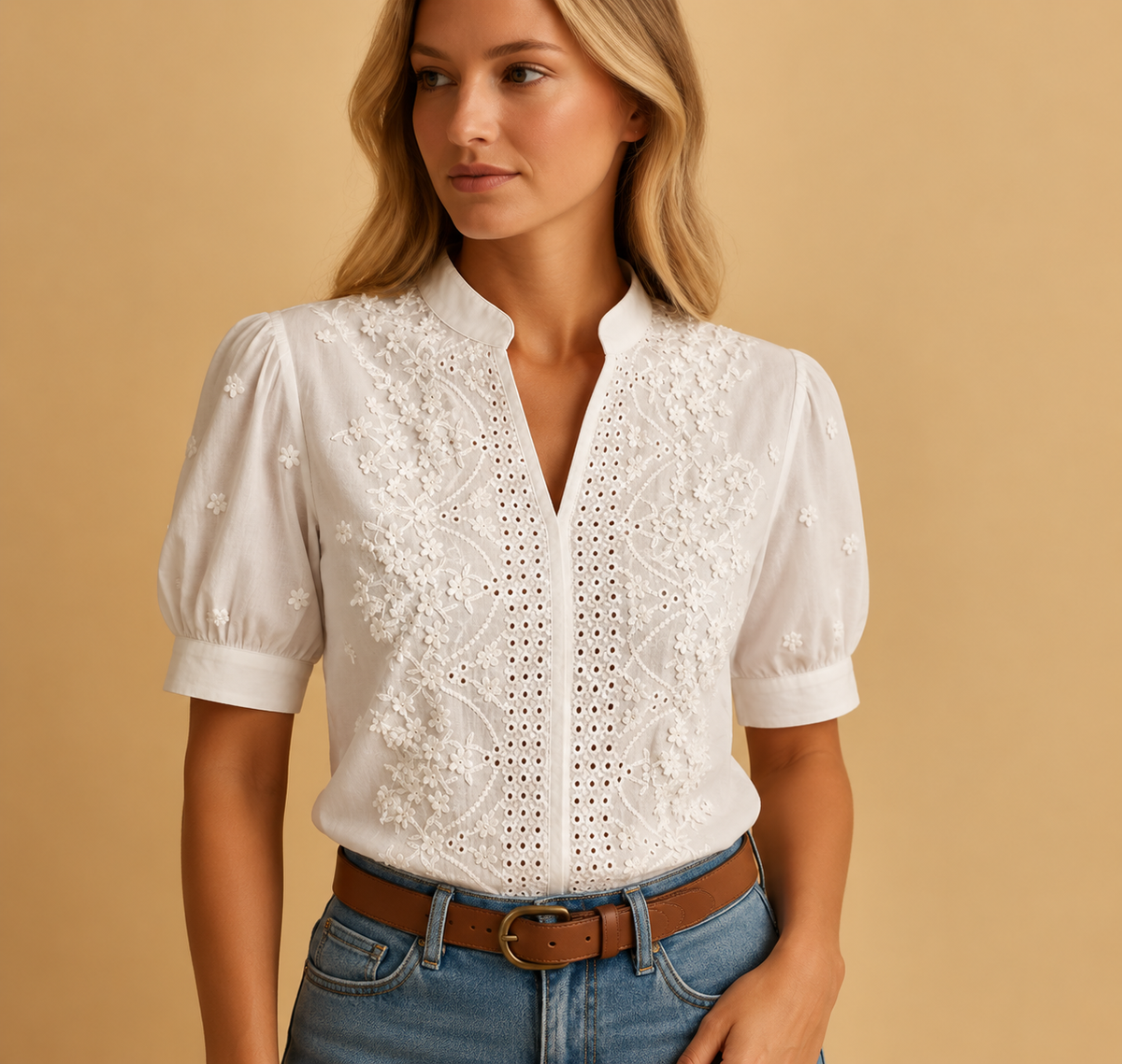 Embroidered women's blouse with short sleeves