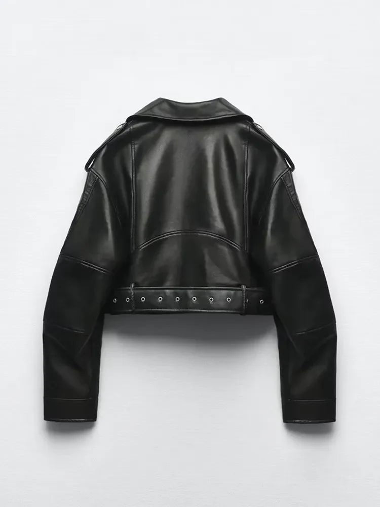 Krótka damska kurtka biker z ekoskóry - Josie Detail